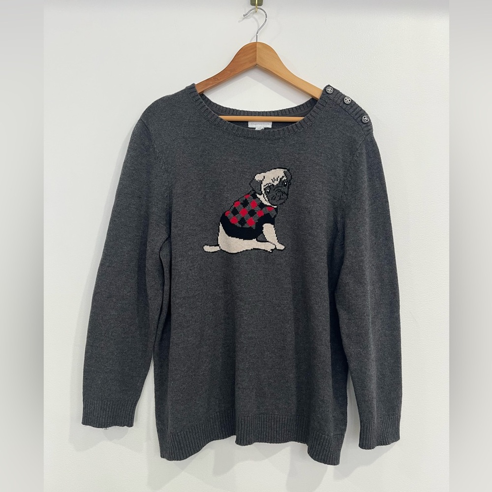 Charter Club Womens Cotton Blend Pug Dog Gray Long Sleeve Sweater Size XXL